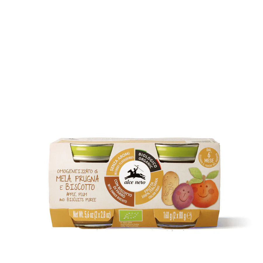 Omogeneizzato di mela, prugna e biscotto biologico - 2X80 GR - Alce nero