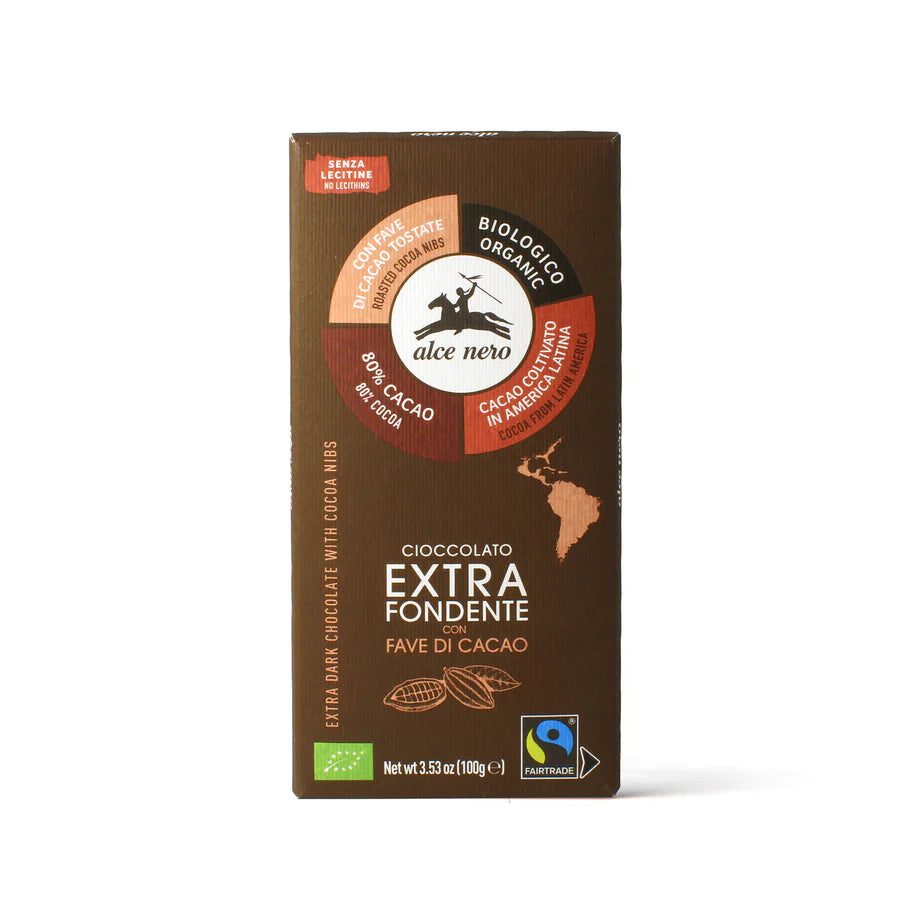 Cioccolato extra fondente 80% con fave di cacao biologico 100 GR - ALCE NERO
