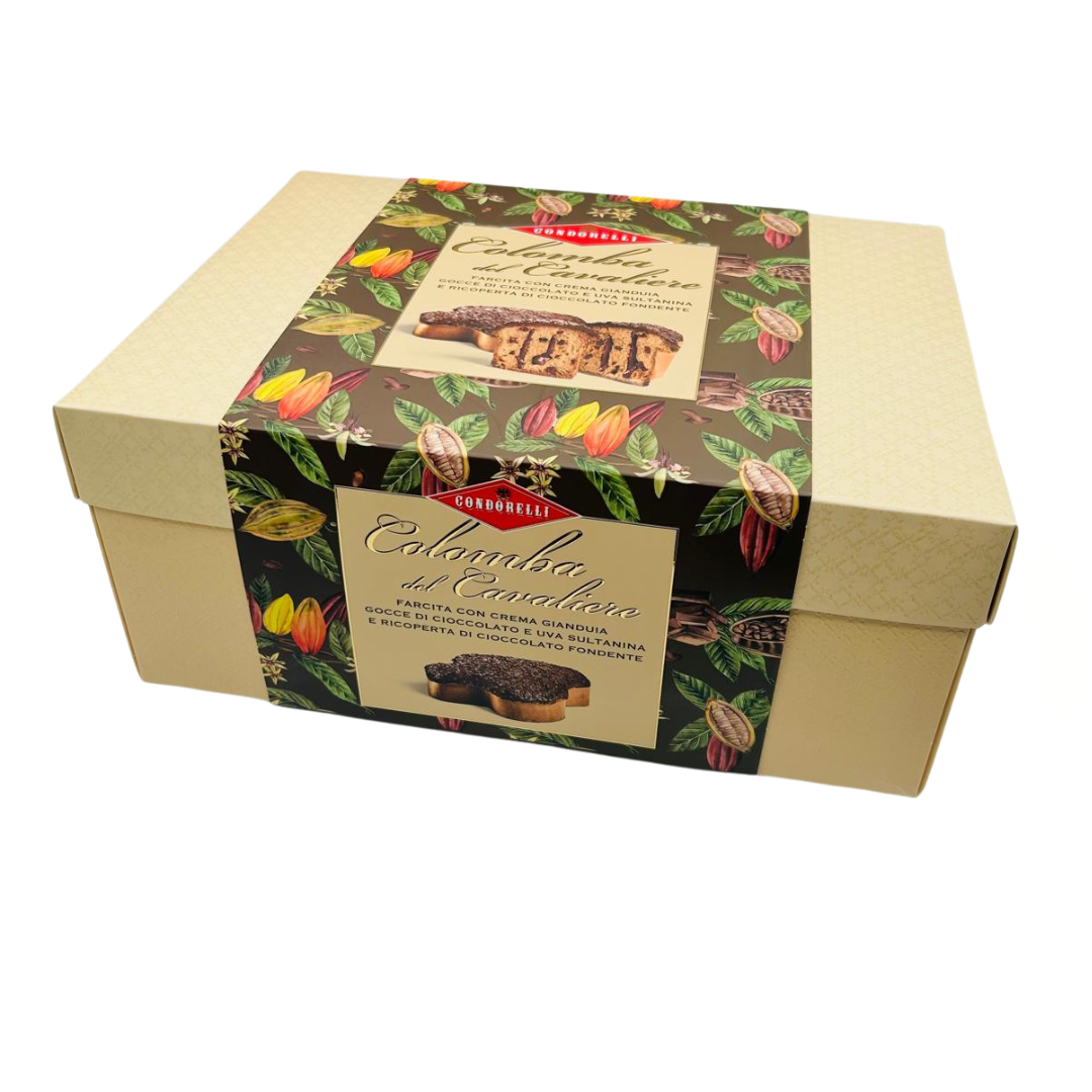 Colomba del Cavaliere ricoperta di cioccolato fondente con crema gianduia, gocce di cioccolato e uva sultanina - Condorelli 1kg