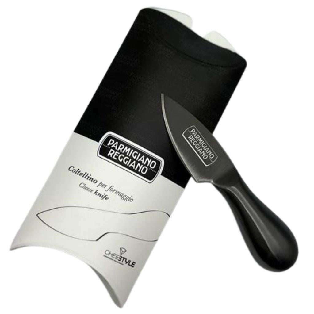 Stainless steel cheese knife with black-caught finish