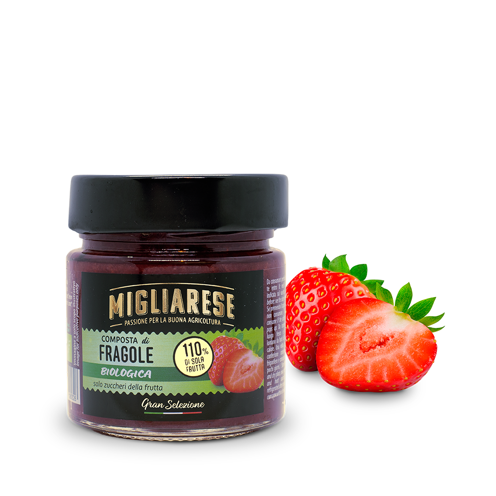 COMPOSTA DI FRAGOLE BIOLOGICA  - solo con zucchero di frutta naturale d'uva - Migliarese - 250 g