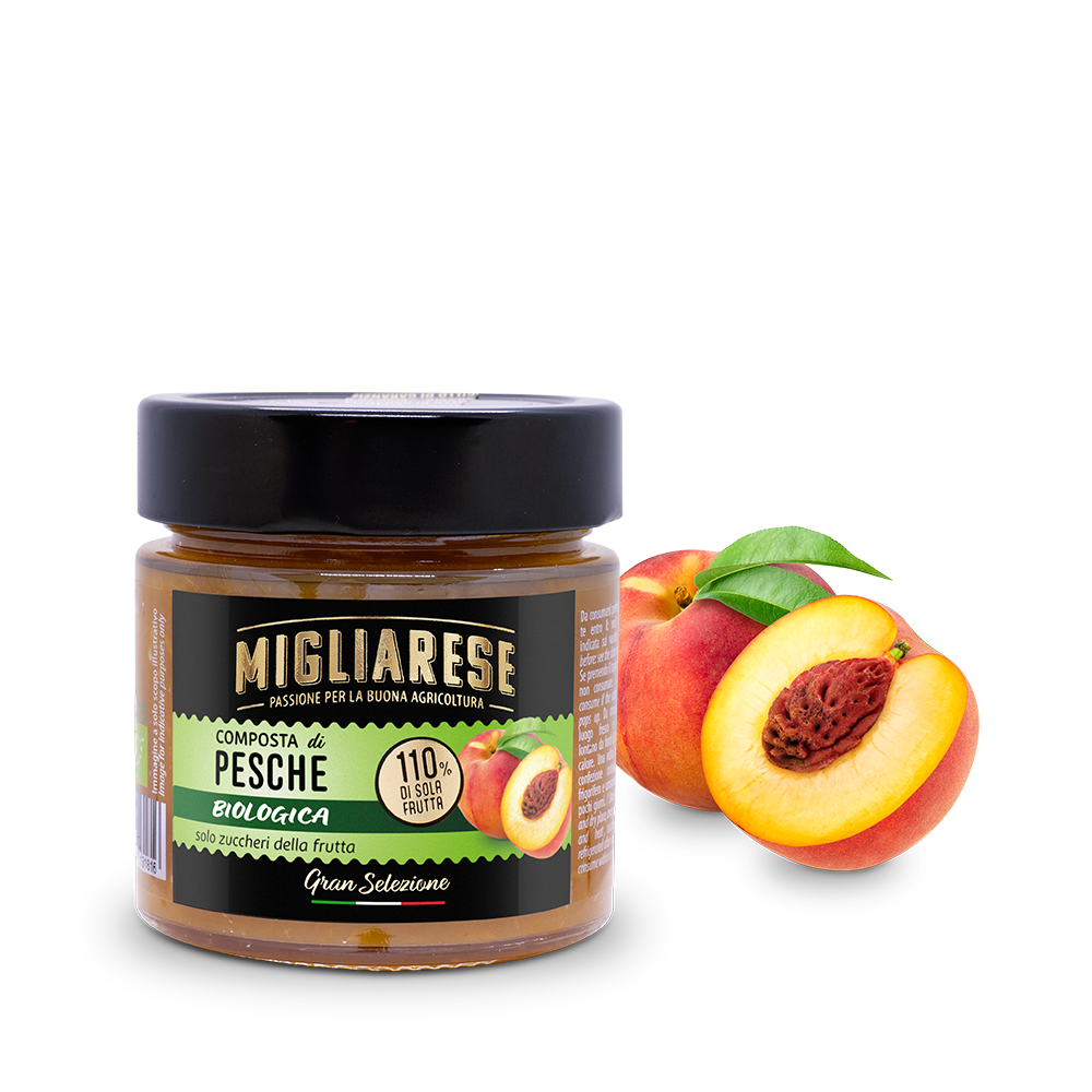 Confettura extra di pesche biologica - solo con zucchero di frutta naturale d'uva - Migliarese - 280g