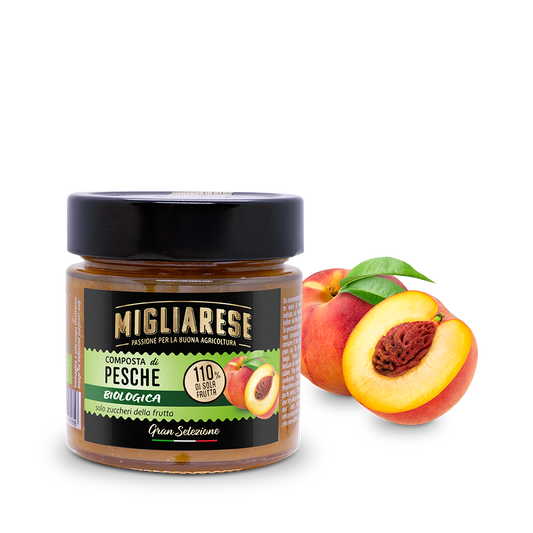 Confettura extra di pesche biologica - solo con zucchero di frutta naturale d'uva - Migliarese - 280g