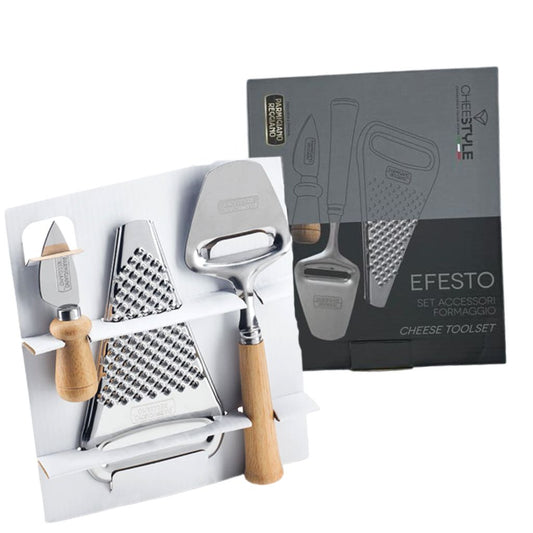 Set per formaggi composto da grattugia, coltellino e affetta formaggio con manico in legno - astucciato