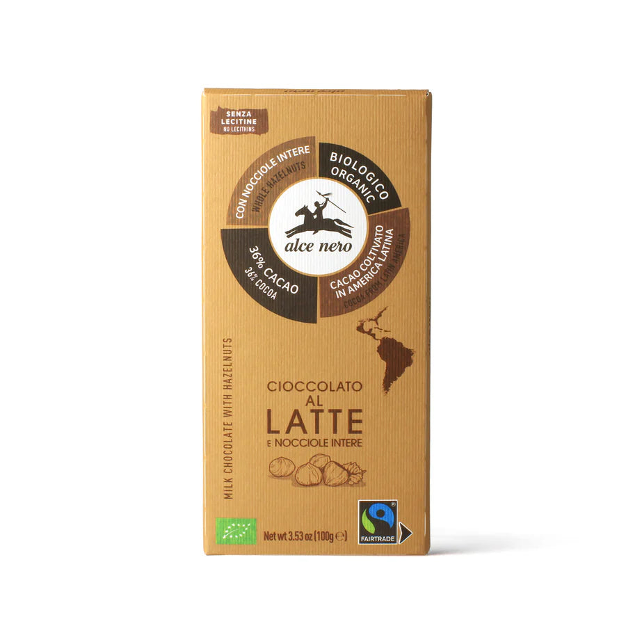 Cioccolato al latte 36% cacao con nocciole intere biologico 100 GR - ALCE NERO